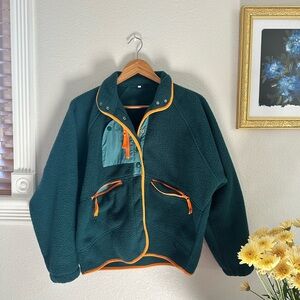 Green Fleece Jacket with Orange Accents